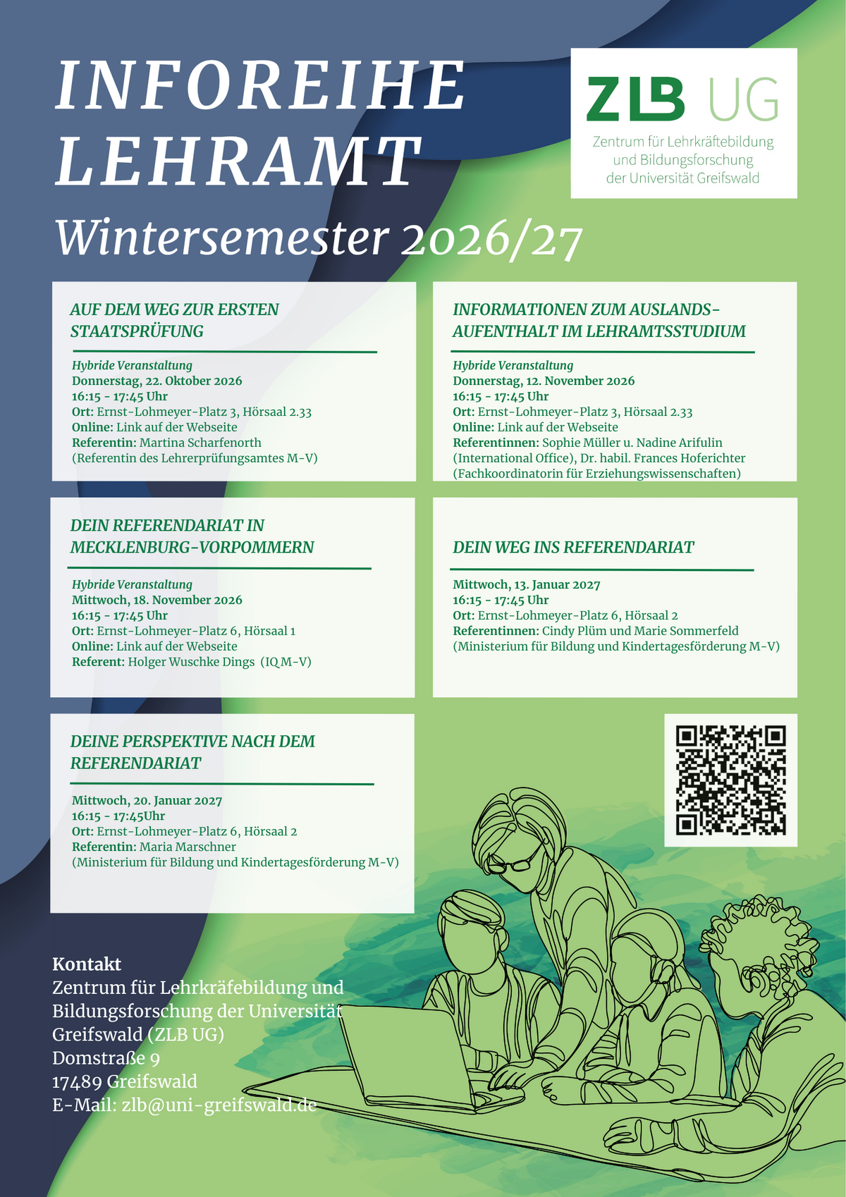 Plakat_Inforeihe_WS2026/27 Auf dem Bild sind die 5 Veranstaltungen der Inforeihe Lehramt aufgeführt.