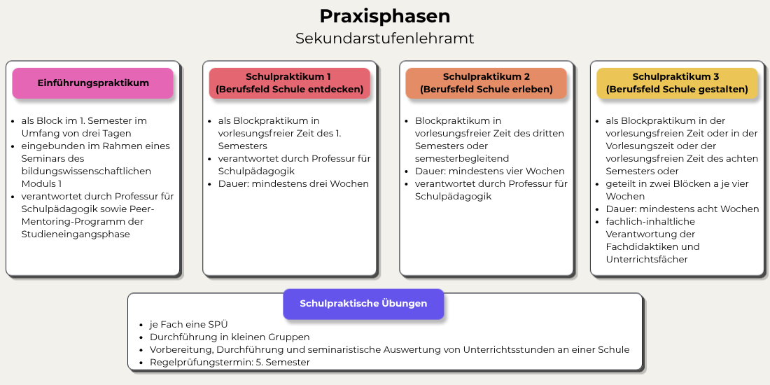 Übersichtsgrafik zu den Praxisphasen im Sekundarstufenlehramt mit Informationen zum Einführungspraktikum, zu den Schulpraktika 1 bis 3 sowie zu den schulpraktischen Übungen.  Einführungspraktikum: Das Praktikum findet als Block im 1. Semester im Umfang von drei Tagen statt. Es ist in ein Seminar des bildungswissenschaftlichen Moduls I eingebunden und wird durch die Professur für Schulpädagogik sowie das Peer-Mentoring-Programm der Studieneingangsphase verantwortet.  Schulpraktikum 1 – Berufsfeld Schule entdecken: Das Praktikum findet als Blockpraktikum in der vorlesungsfreien Zeit des 1. Semesters statt. Es wird durch die Professur für Schulpädagogik verantwortet und dauert mindestens drei Wochen.  Schulpraktikum 2 – Berufsfeld Schule erleben: Das Praktikum findet als Blockpraktikum in der vorlesungsfreien Zeit des 3. Semesters oder semesterbegleitend statt. Die Dauer beträgt mindestens vier Wochen. Verantwortlich ist die Professur für Schulpädagogik.  Schulpraktikum 3 – Berufsfeld Schule gestalten: Das Praktikum findet als Blockpraktikum in der vorlesungsfreien Zeit oder in der Vorlesungszeit des 8. Semesters statt. Alternativ kann es in zwei Blöcken von jeweils vier Wochen durchgeführt werden. Die Dauer beträgt mindestens acht Wochen. Die fachlich-inhaltliche Verantwortung liegt bei den Fachdidaktiken und Unterrichtsfächern.  Schulpraktische Übungen: Je Fach ist eine schulpraktische Übung vorgesehen. Die Durchführung erfolgt in kleinen Gruppen. Die schulpraktischen Übungen umfassen die Vorbereitung, Durchführung und seminaristische Auswertung von Unterrichtsstunden an einer Schule. Der Regelprüfungstermin liegt im 5. Semester.